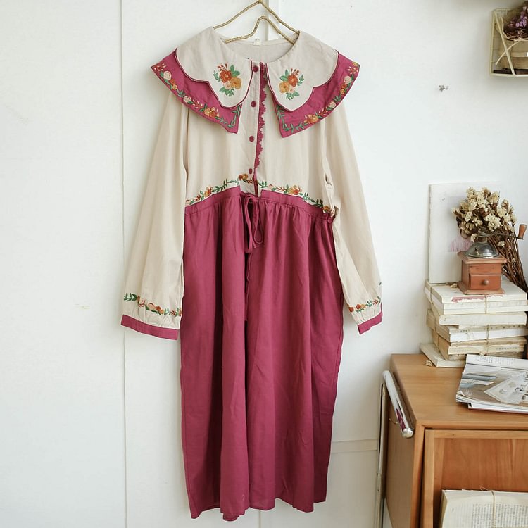 Queenfunky cottagecore style Vintage Embroidered Linen Dress With Drawstring QueenFunky
