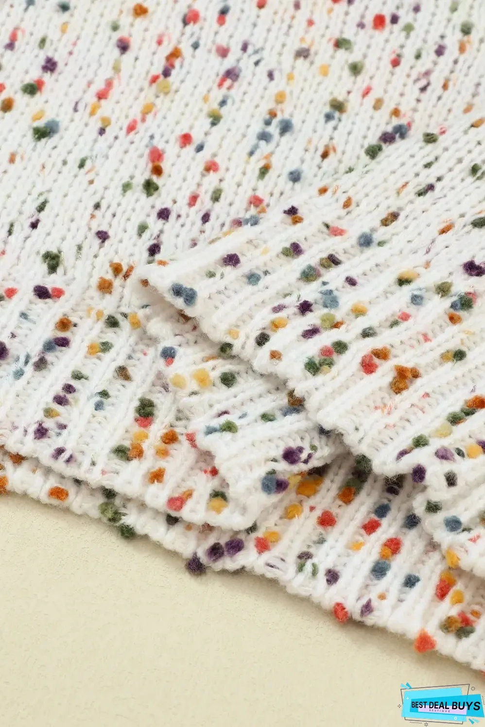 Beige Colorful Dots Cable Knit Crew Neck Sweater