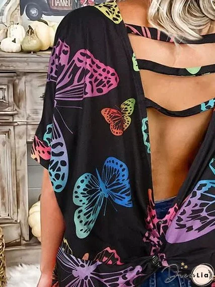 Chic Butterfly Print Halter Bat Sleeve Short Sleeve Top