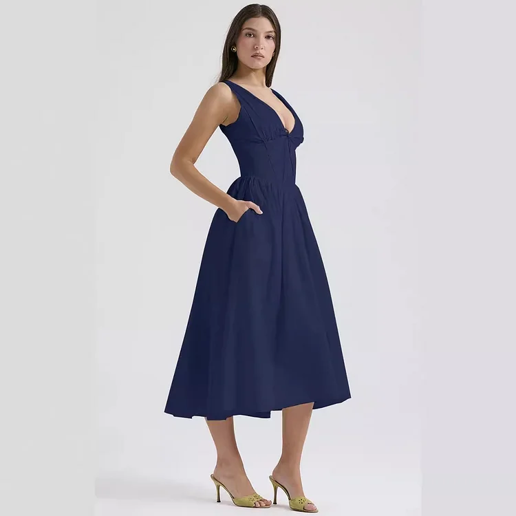 Women's Floral Print V-Neck Sleeveless Maxi Dress - Celebrity Style Ruched Bust Pocket Long Dress