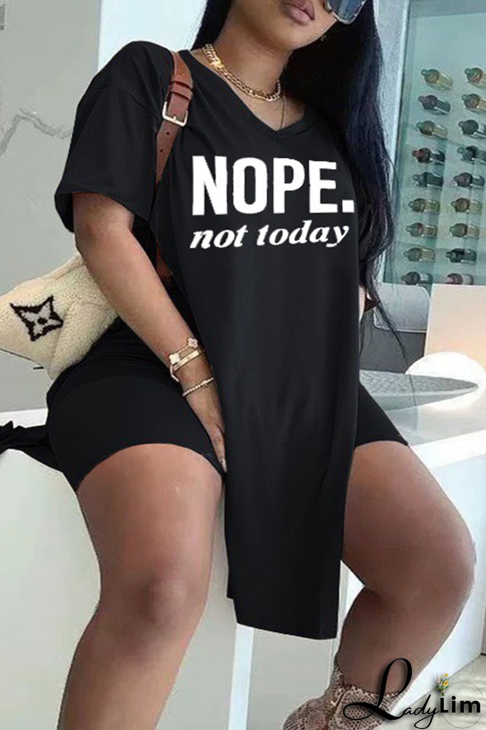 Blue Fashion Casual Letter Print Slit V Neck Plus Size Two Pieces