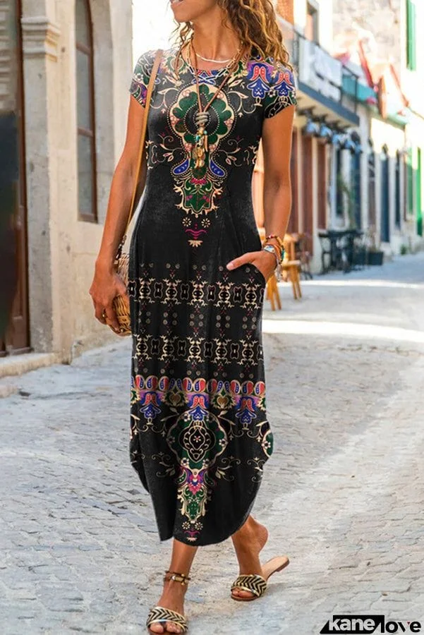 Ada Ethnic Floral Pocketed Daily /vacation Stretch Midi Dress