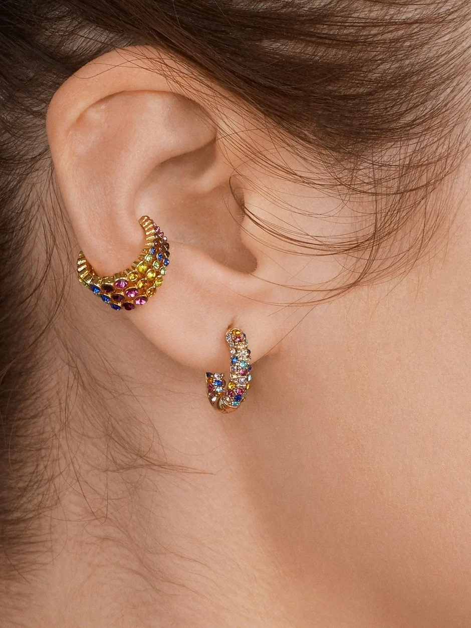 Fashion color-blocking geometric multi-layer colored diamond C-shaped ear clip