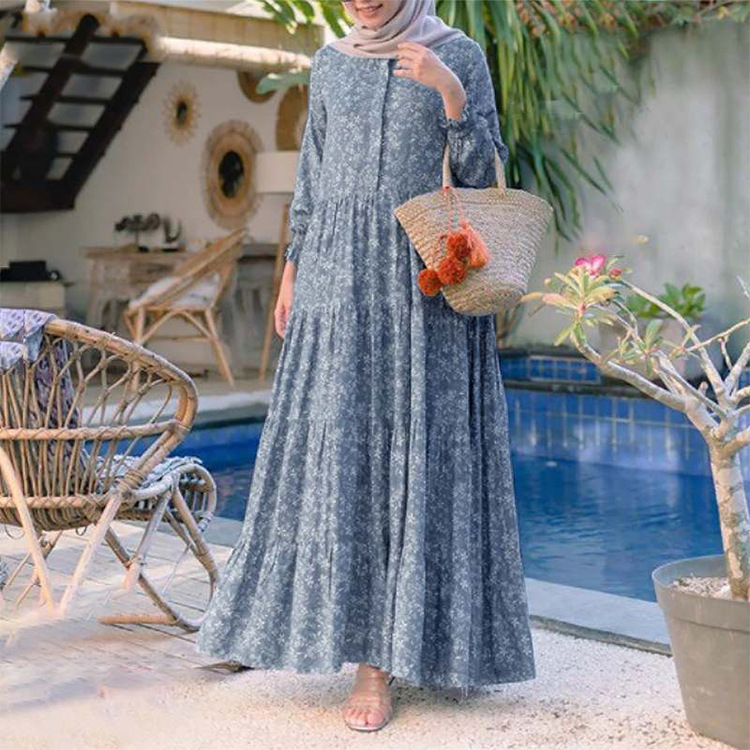 Floral Print Ruffle Long Sleeve Casual Muslim Dress for Women