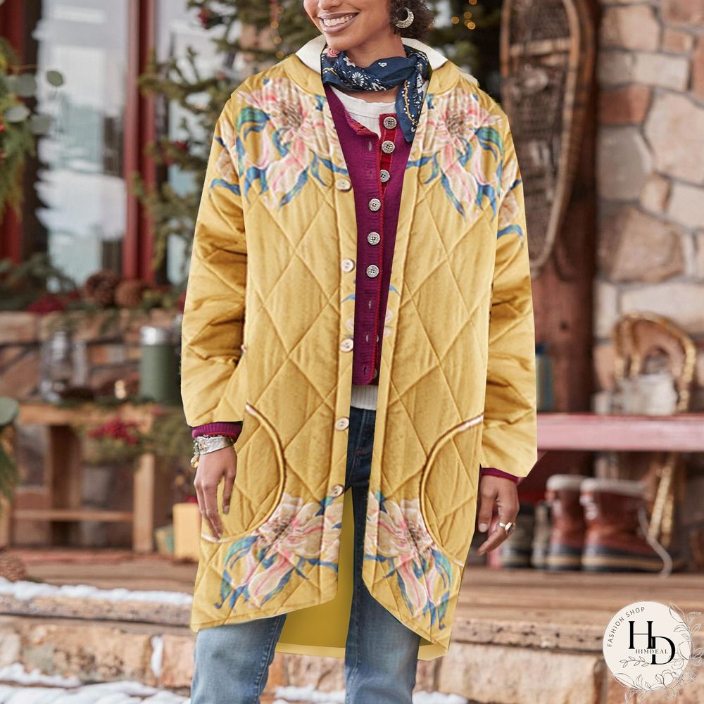 Yellow Retro Flower Printed Coat