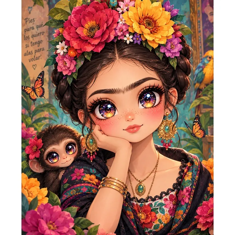 Jesbrilli Collaboration |Floral Girl Monkey– Full Drill with AB & Fairy Dust Detail Highlights – Full Round/Square Diamond Painting (Velvet Cloth)