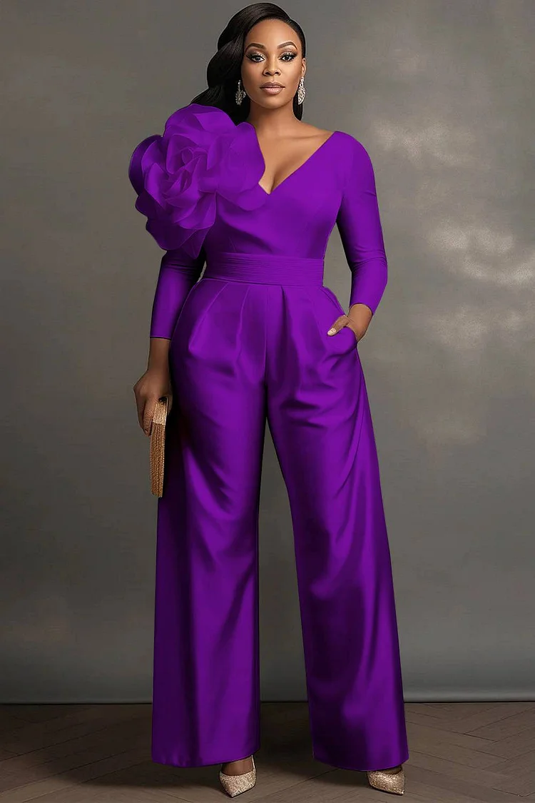 Xpluswear Design Plus Size Wedding White Elegant V Neck Long Sleeve Pocket 3D Satin Jumpsuits 2024 - Xpluswear