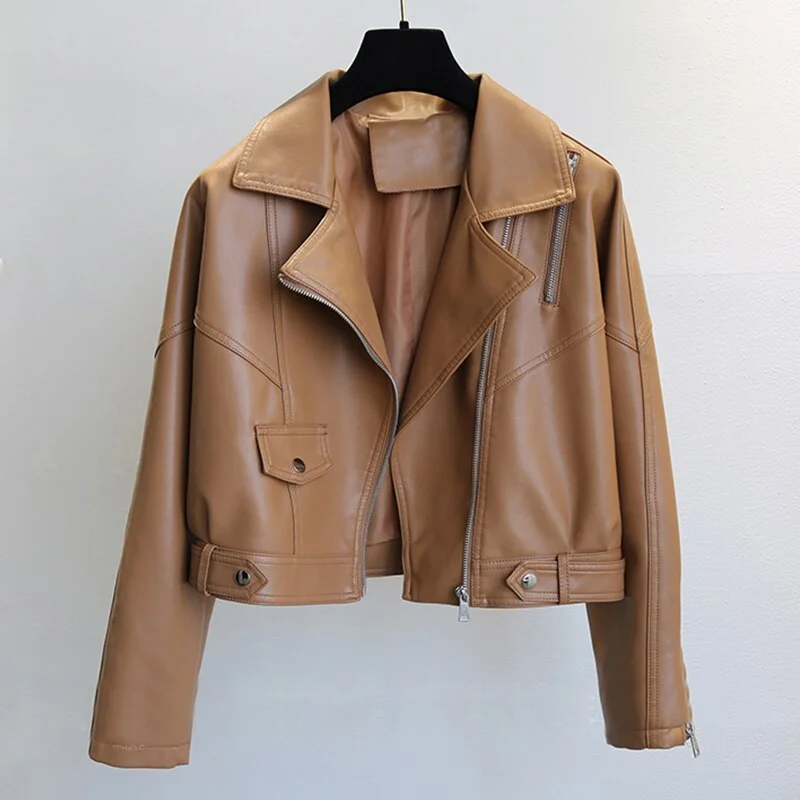 FTLZZ Spring Autumn New PU Leather Short Jacket Women Casual Female Loose Streetwear Coat Moto Bike Soft Faux Leather Outwear