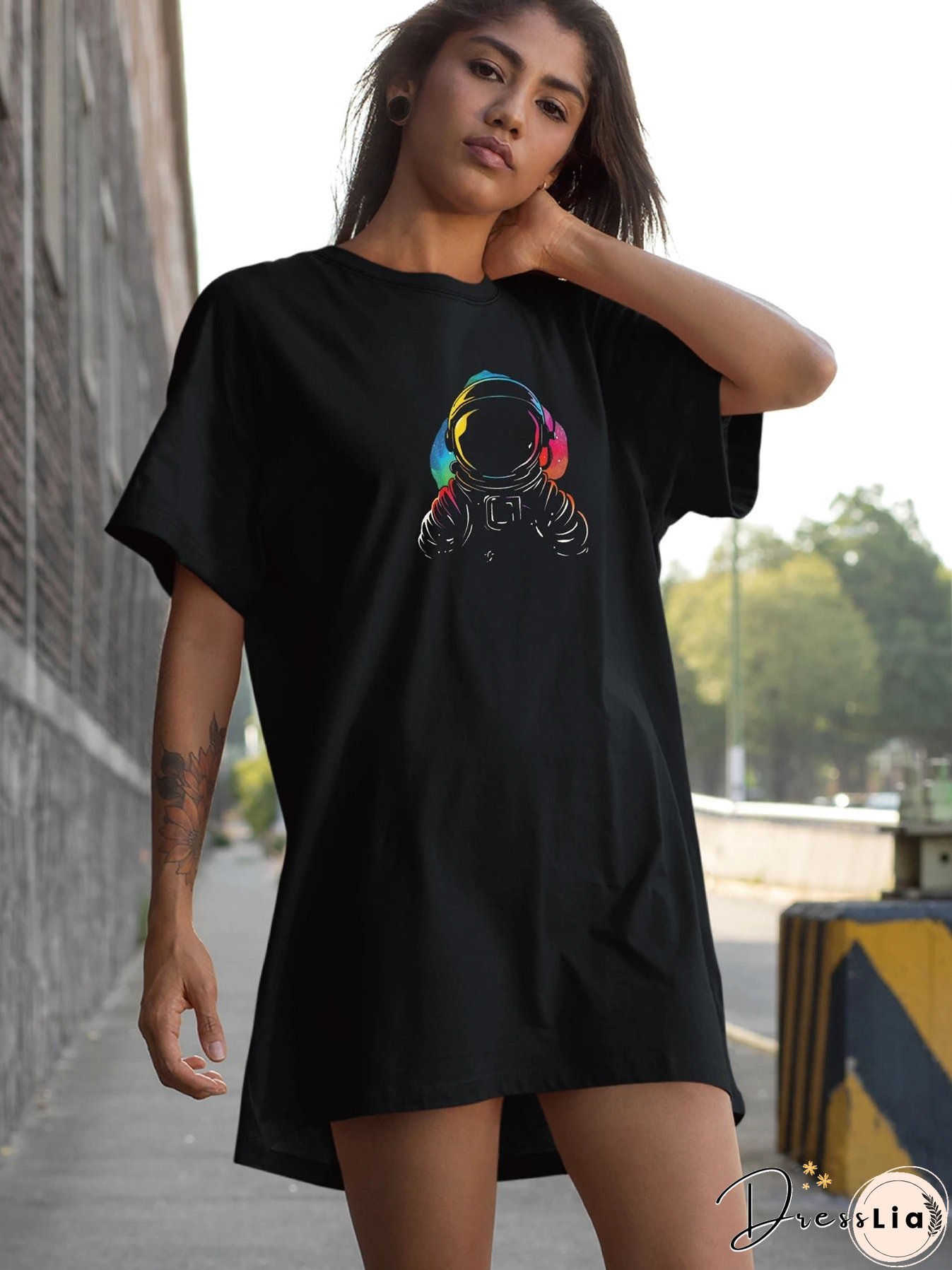 Cosmic DJ Astronaut with Headphones Print Crew Neck Tee Dress Casual Short Sleeve Dress For Spring & Summer Women's Clothing