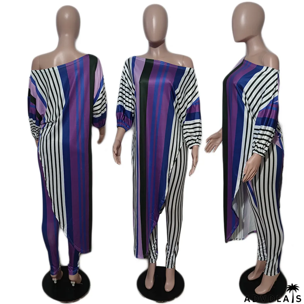 Women's Fashion Casual Loose Plus Size Slash Shoulder Pant Two Piece