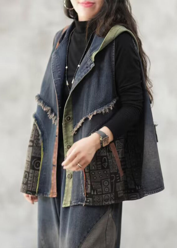 VCSHOES Loose Blue Hooded Button Patchwork Denim Waistcoat Sleeveless
