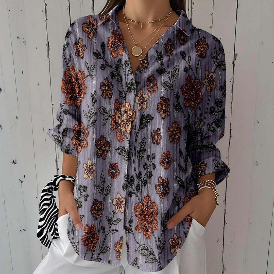 Style & Comfort for Mature Women Women Floral, Shiny, Purple, Orange DZCL0180 3/4 Sleeve Shirt Collar Printed Button Tops