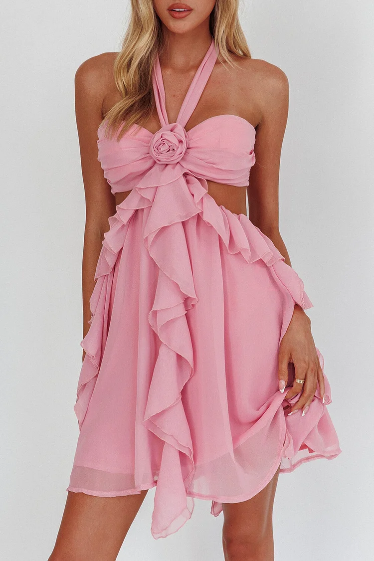 Halter Neck 3D Flower Ruffled Cutout Backless Mini Dresses-Pink [Pre Order]