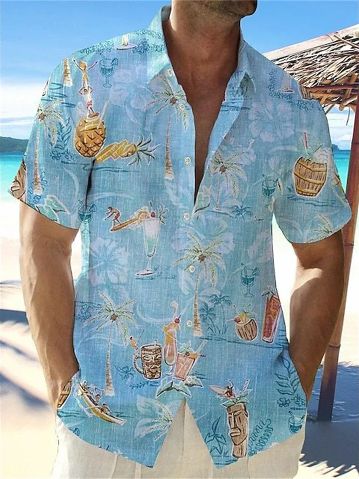 Summer Short Sleeve Coconut Drinks Printed Shirt Blue Lapel Shirt Men's S M L XL 2XL 3XL