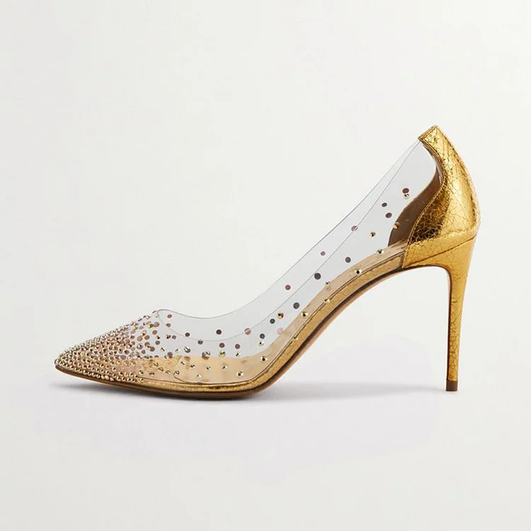 Women'S Gold Stiletto Heels Elegant Pointed Toe Rhinestones Pump Wedding transparent Shoes |FSJ Shoes