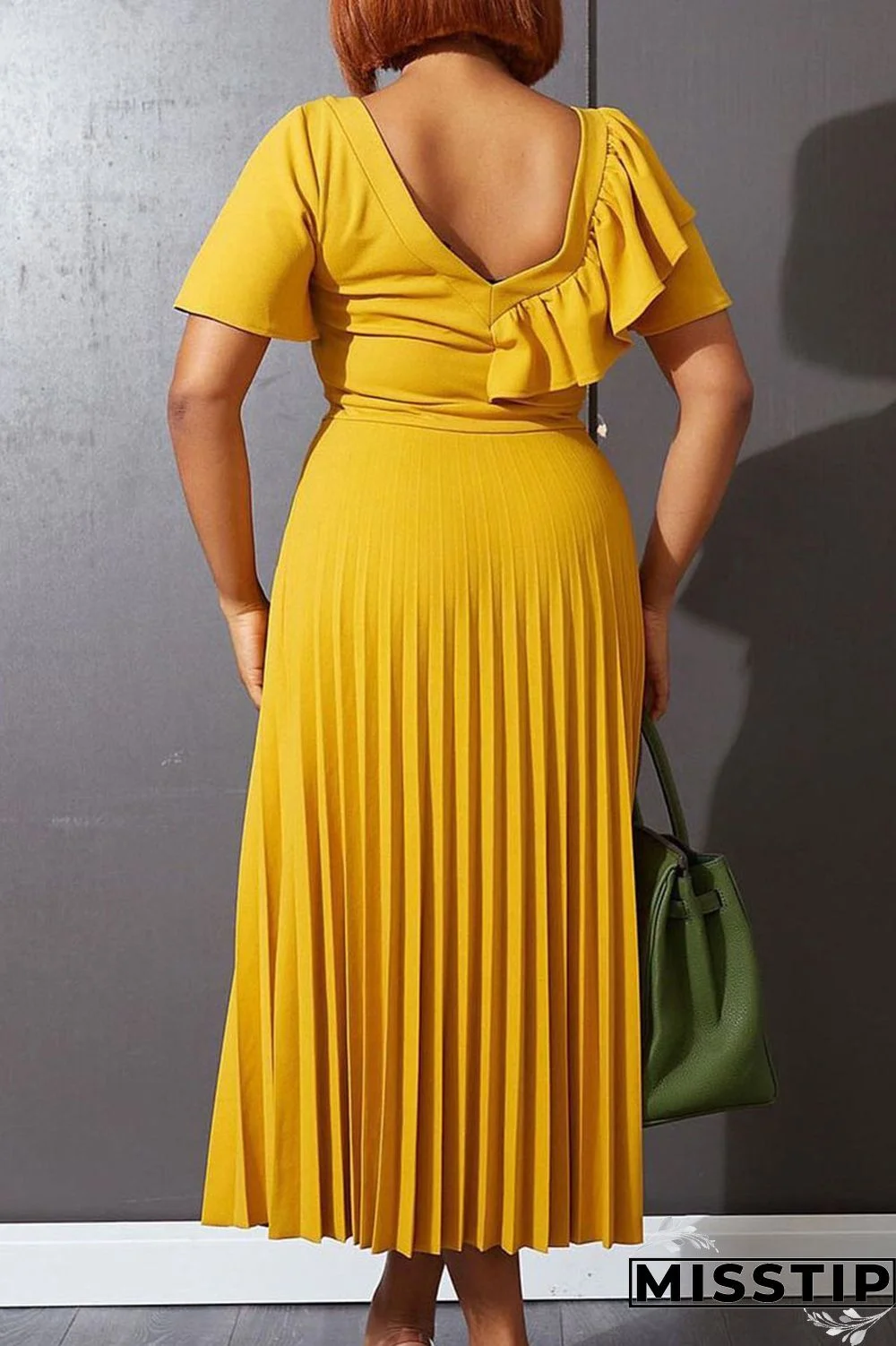 Green Casual Solid Patchwork Flounce Fold Asymmetrical Collar Straight Dresses