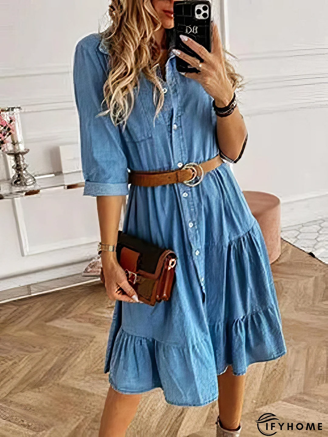 Lapel Button Pocket Denim Shirt Dress | IFYHOME