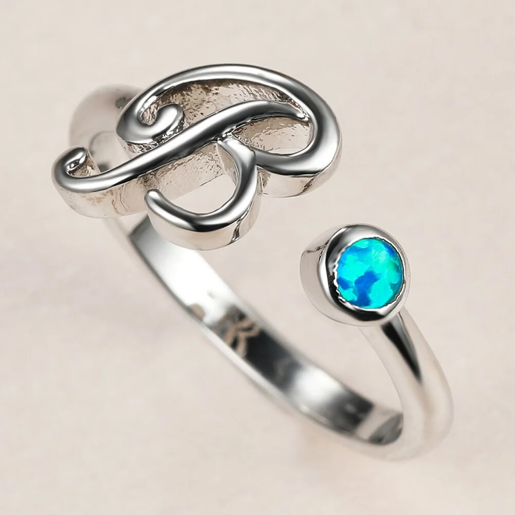Trendy Female Letter B Open Ring Charm Silver Color Thin Wedding Rings For Women Dainty Bride Blue Round Opal Engagement Ring