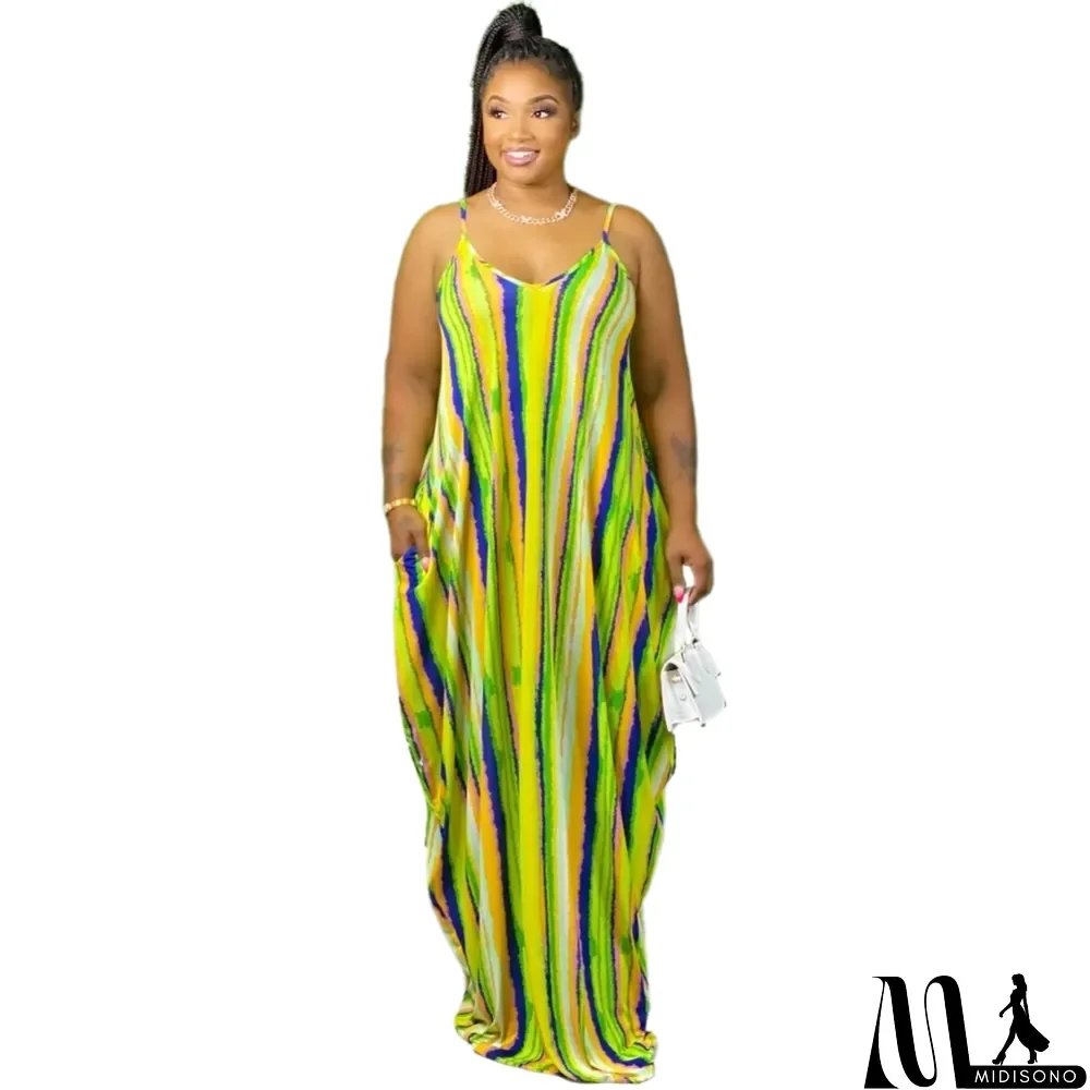 MidiSono - Summer African Colorful Stripes Strap Long Dress