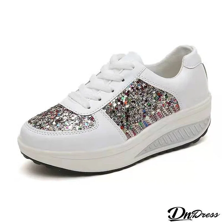 Thick-Soled Contrast Color Leisure Shoes With Sequins