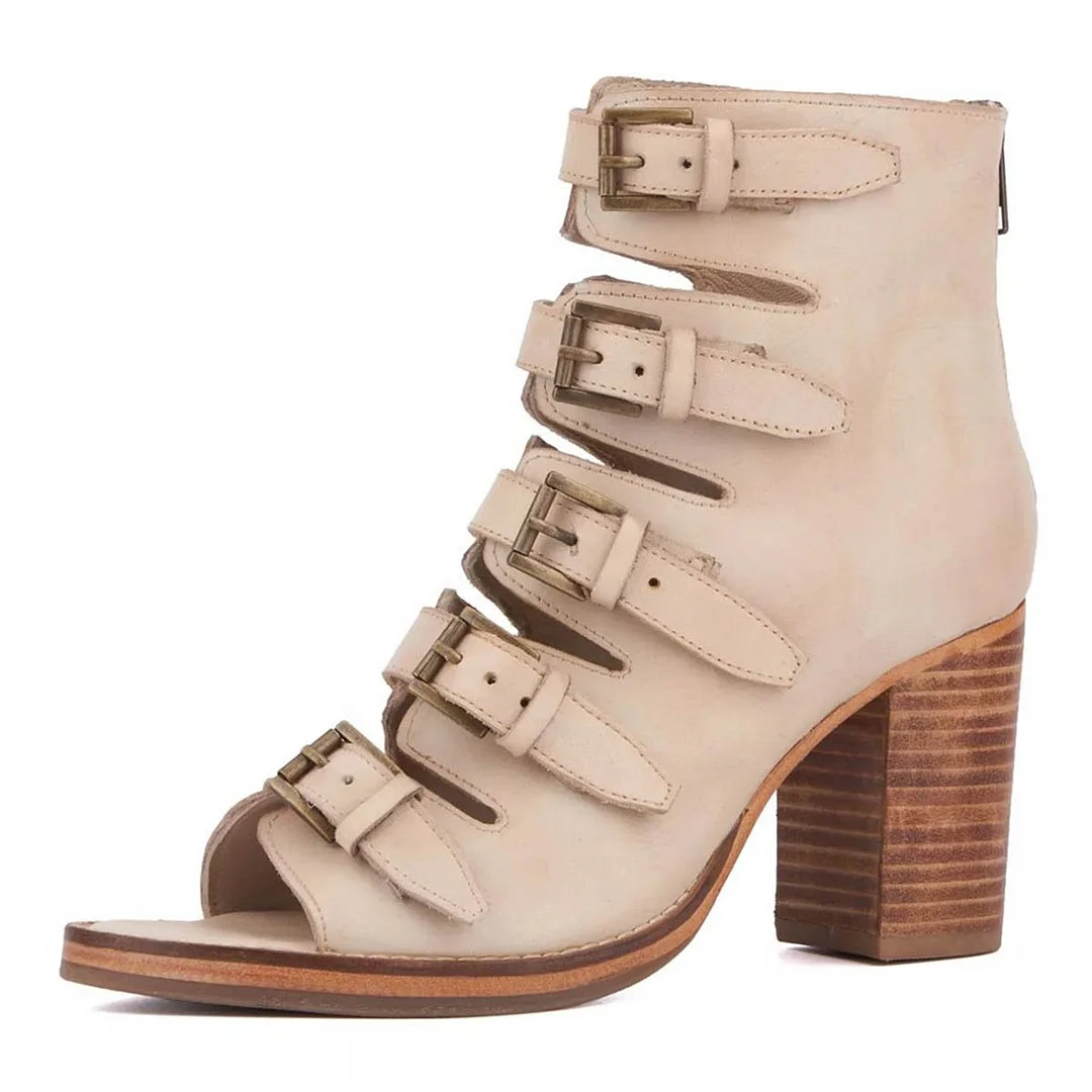 Beige Hollow-Out Peep Toe Chunky High Heels Sandals with Buckle