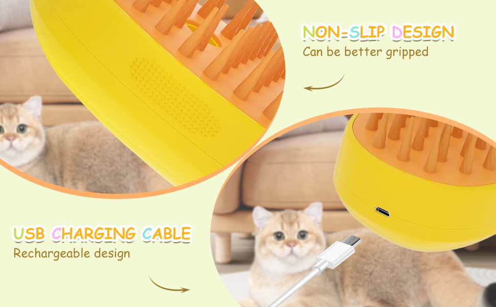 Cat Steam Brush for Shedding;  【3 in 1 Pet Steamy Brush】Hair removal, cleaning, massaging. While removing hair, clean dirt from hair and skin. Reduce the frequency of bathing. Massage promotes blood circulation 【Spray Design】Effectively prevents flying hair and prevents static electricity. It is also easier to open hair knots when hair is wet 【Smooth Silicone Brush Teeth】Smooth rounded teeth head take a better massage experience. Silicone brush teeth can stick the fallen hair better. The tapered spiral design conforms to messy hair and is tough enough to remove hair 【Mango-Shaped Design】Ergonomic, more comfortable to hold, and easier to comb messy hair in all directions. At the same time, it looks interesting and fashionable 【Suitable For All Pets】The shell is made of ABS plastic material, which is sturdy and durable. The brush teeth length is 0.52IN, suitable for all long-haired and short-haired cats and dogs.