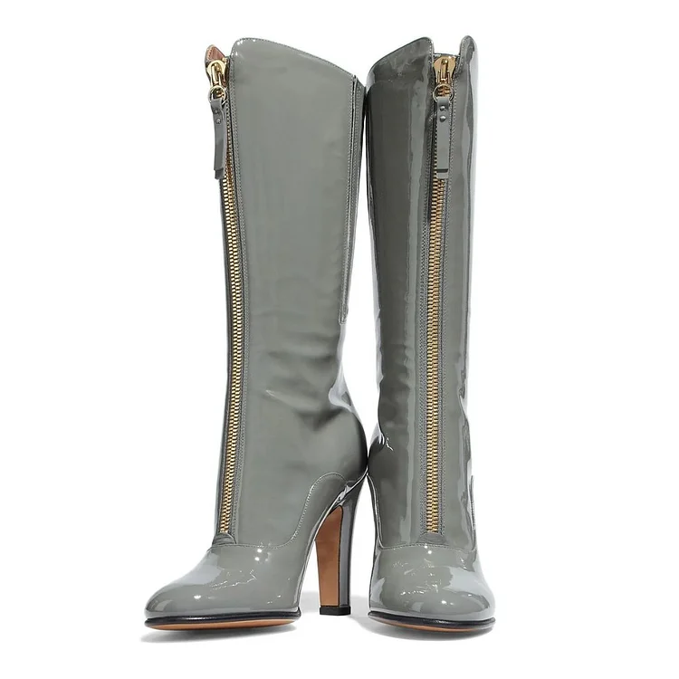 Grey Patent Leather Zip Chunky Heel Boots Knee High Boots |FSJ Shoes