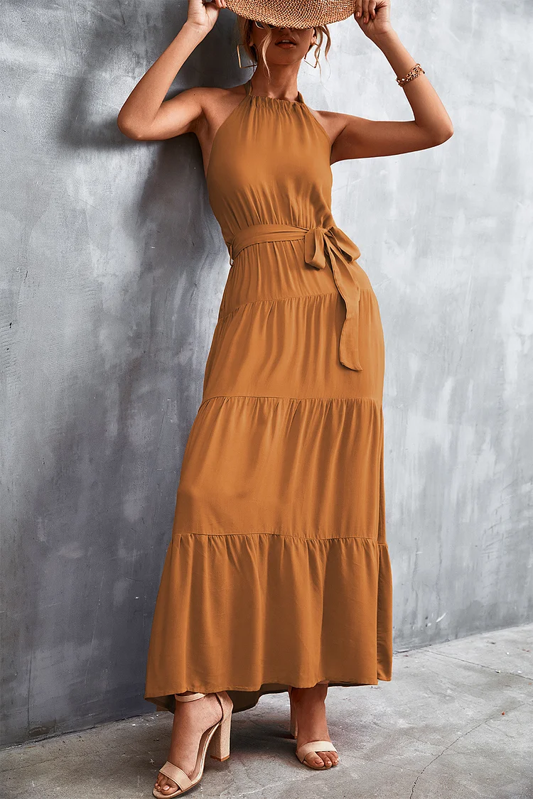 Women Casual Maxi Dresses Loose Spaghetti Strap Solid Halter Neck Ruffle Hem Dress