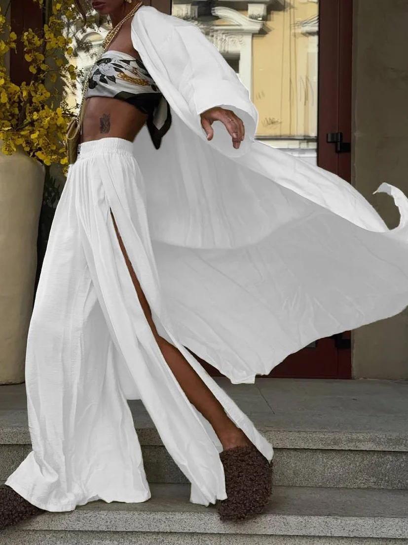 Athvotar Athvotar Girls Loose Long Cardigan Jacket + Side Open Fork Broad Leg Trousers Set Women Loose Feel Fashion Style Out Of The Street