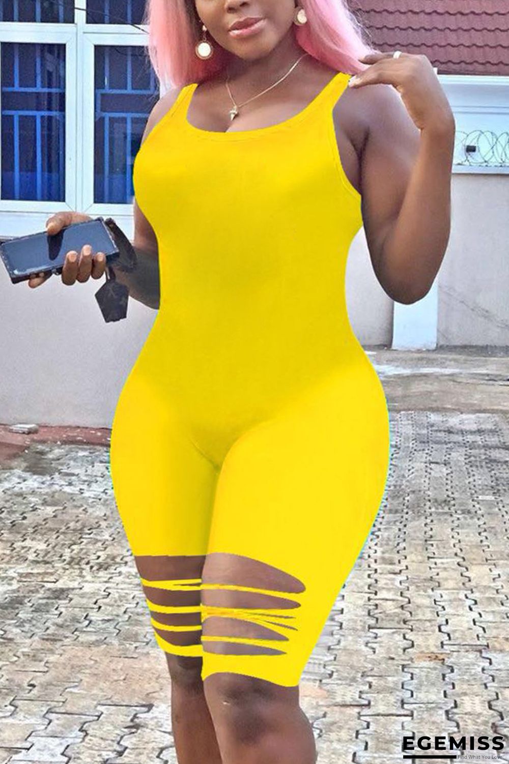 Yellow Fashion Sexy Sleeveless Broken Hole Romper | EGEMISS
