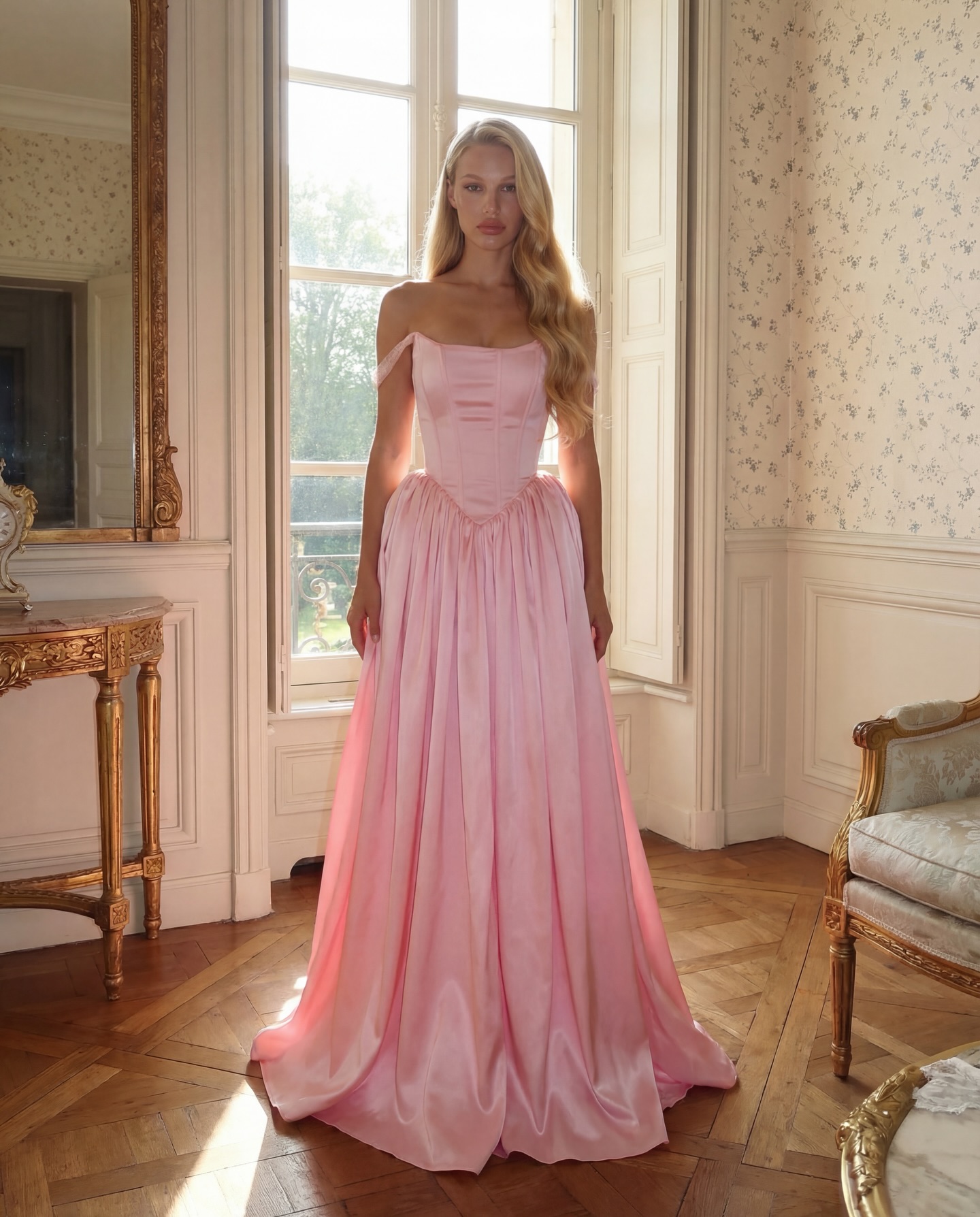 Lussooy Dreamy Pink Satin Off the Shoulder Strapless Prom Dress with Pleated 