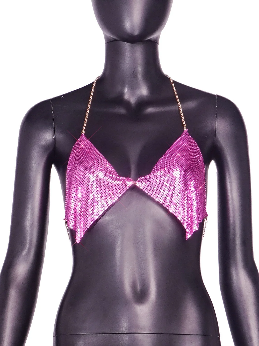 Uveng Uveng Women's Nightclub Low Breast Cut Back Flash Diamond Chain Slit Top Y616