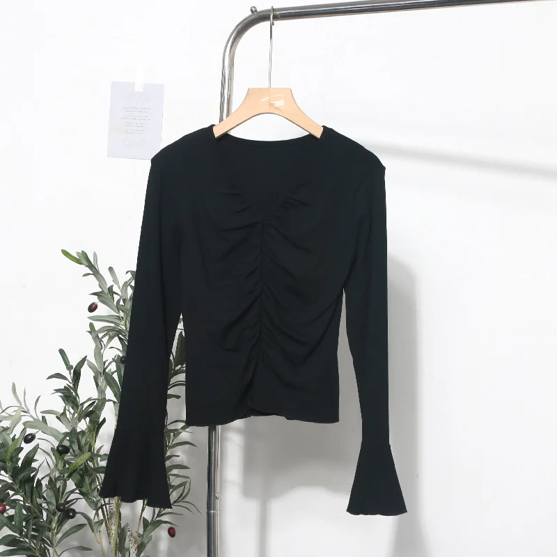 Uveng Real Shooting 2024 Autumn Dress Sexy V-Neck Folded Open Fork Short High-Waisted T-Shirt Horn Long Sleeve Bottom Top 161