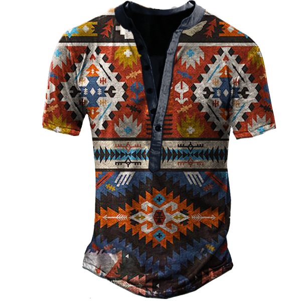 Men's Outdoor Western Ethnic Pattern Tactical Henley Collar T-shirt