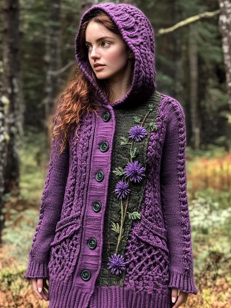 Scottish Thistle Flower Women's Hooded Cardigan
