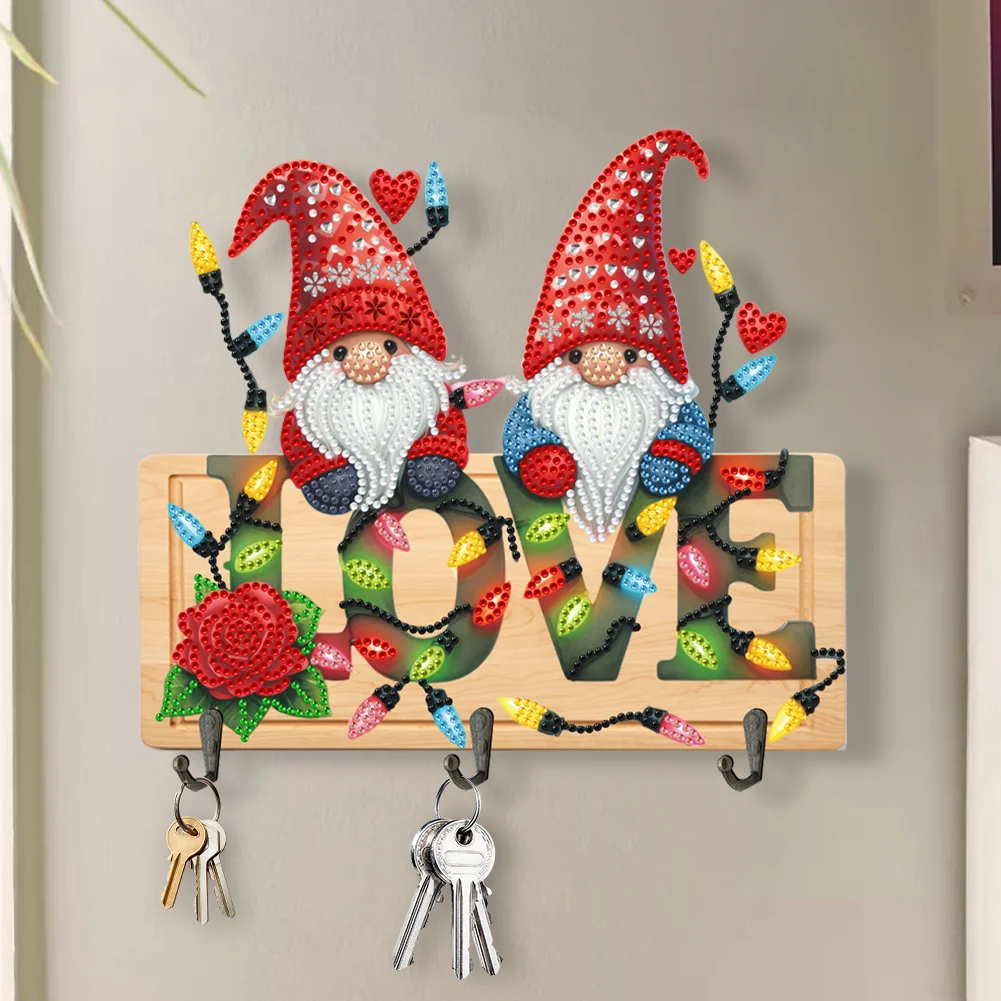 DIY Love And Gnome Wooden Special Shape 3 Hooks No Punch Diamond Painting Hook Rail