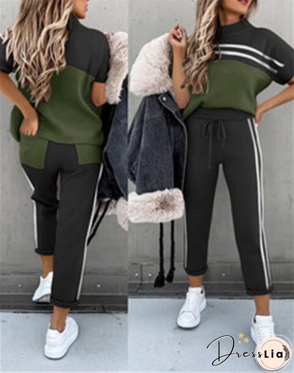 Women Summer Casual Loose 2 Piece Set Side Stripes Drawstring Design Pockets Decor Mid Waist Long Pants+O-Neck Short Sleeve Top