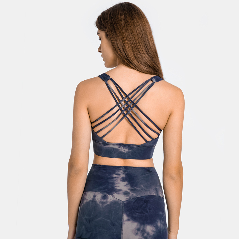 Types of Buy ink blue widened hem back criss cross straps double sided brushed nylon toe dye shock absorber push up sports bra on Hergymclothing at a great price on Hergymclothing