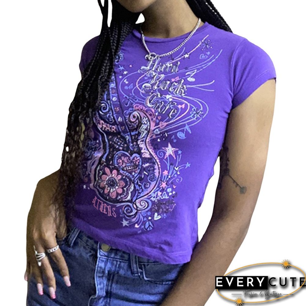 Women Guitar Letter Print Tops Cute Short Sleeve T Shirt Chic Wild Round Neck Tee Aesthetic Harajuku Clothes