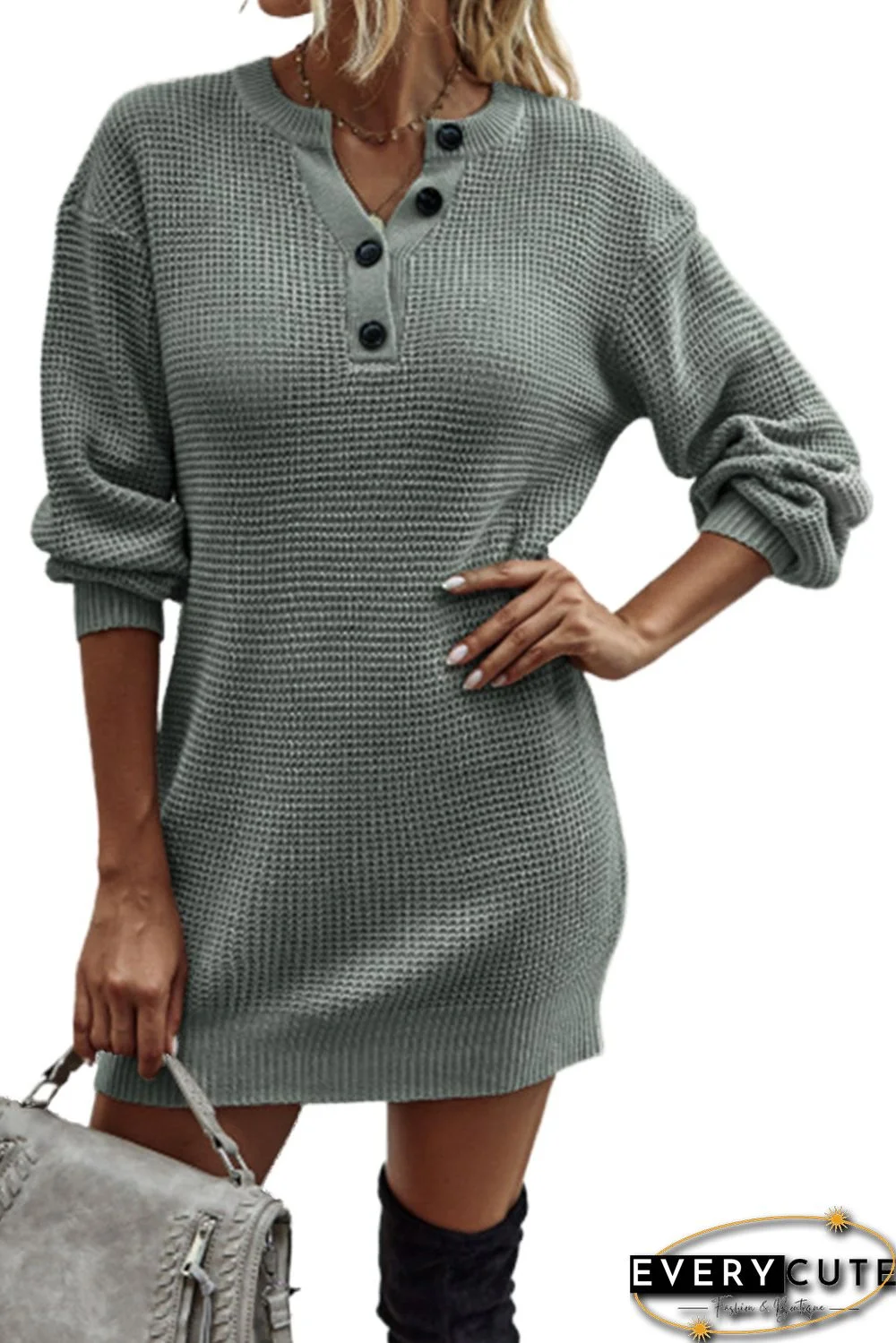 Gray Buttoned Notched Neck Drop Shoulder Waffle Knit Sweater Dress