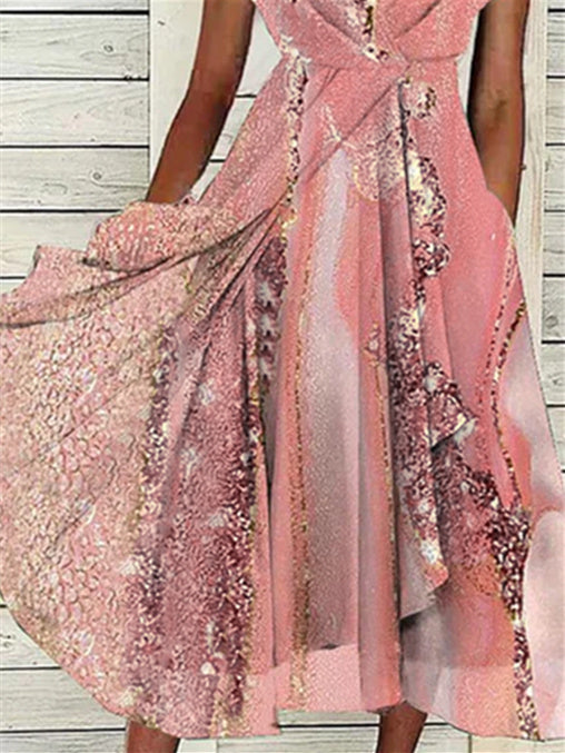 Women Short Sleeve Scoop Neck Graphic Printed Midi Dress