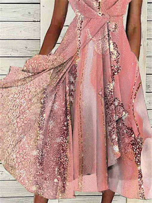 Women Short Sleeve Scoop Neck Graphic Printed Midi Dress