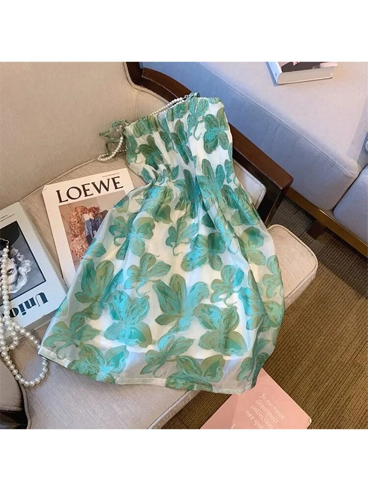 Elegant Spaghetti Strap Dress Women Vintage Sweet Flower Print Korean Fairy Dress Y2k Beach Party Princess Vestidos Summer 2022