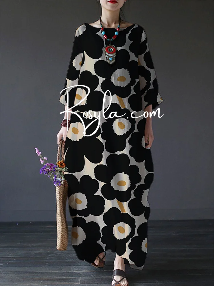 Women's Casual Black Flory Print Loose Round Neck Medium Length Dress