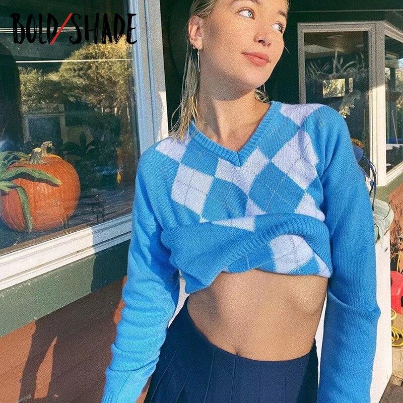 Bold Shade Indie Preppy Style Grunge Sweater Knitted Argyle Vintage Women 90s Skater Fashion Clothes Winter Long Sleeve Jumper