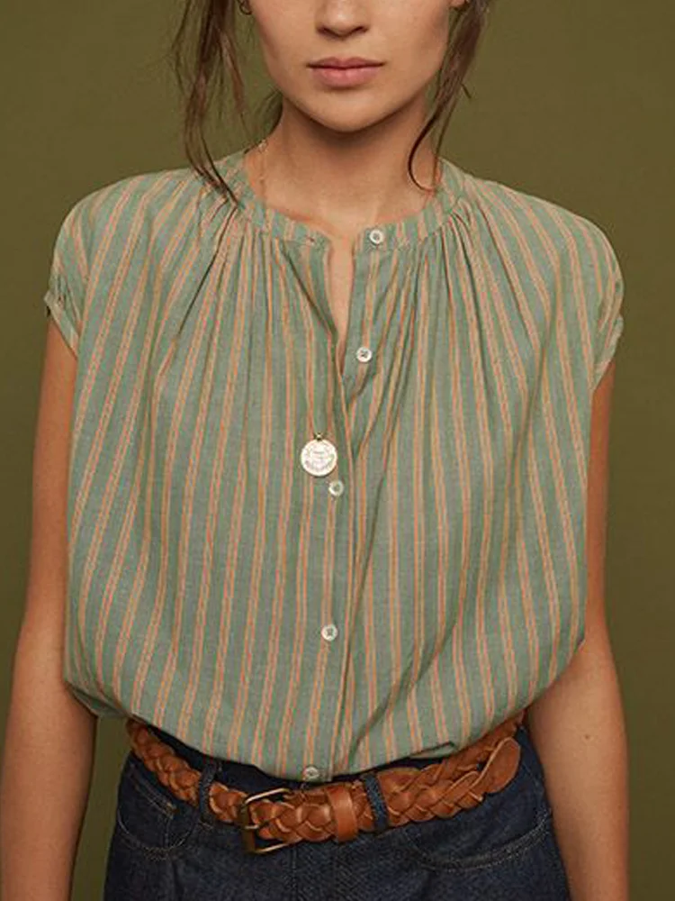 Vintage Striped Linen Casual Blouse