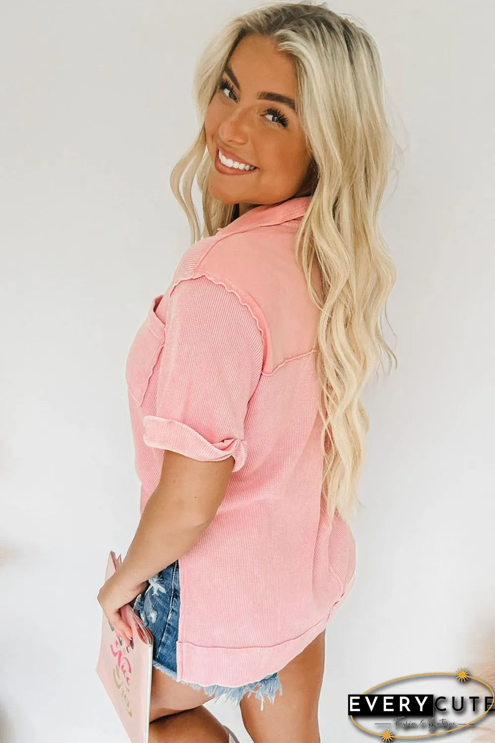 Pink Acid Wash Waffle Knit Short Sleeve Buttoned Shirt