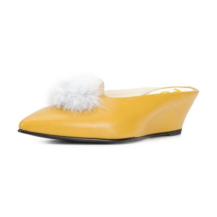 Yellow Pom Pointed Toe Wedge Heels Mules for Women |FSJ Shoes