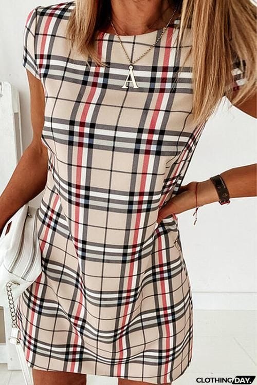 Grid Short Sleeve Bodycon Mini Dress