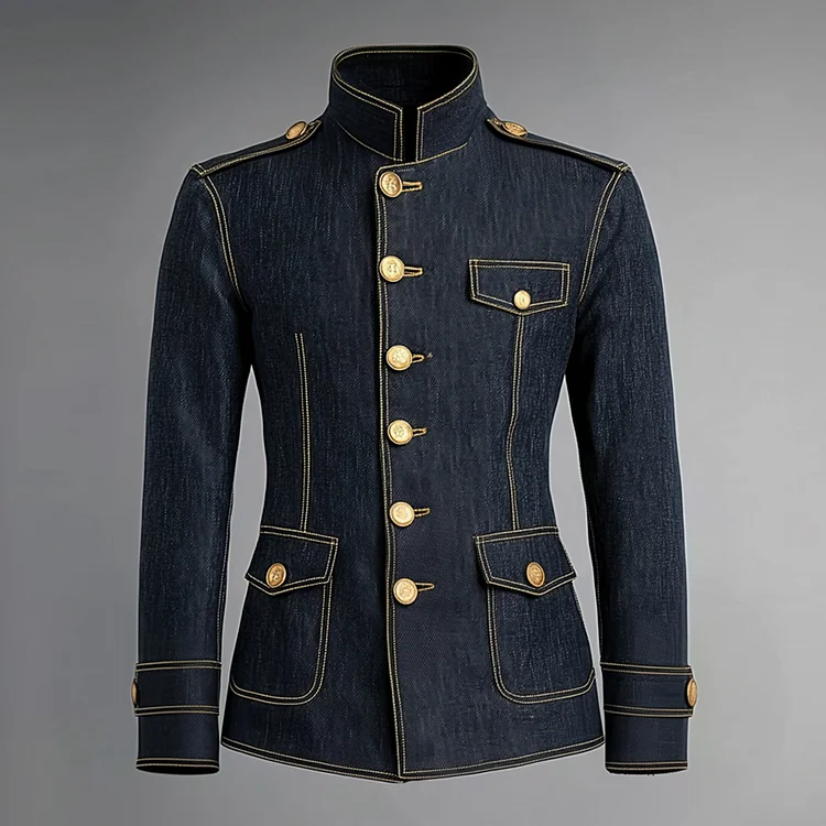 Okaywear Stand Collar Single Breasted Long Sleeve Denim Blazer 